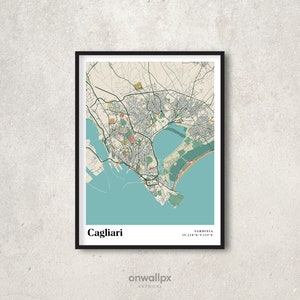Affiche de carte de Cagliari, Décor de carte de Cagliari rétro, Art mural cadeau vintage de Cagliari, Carte de la ville rétro de Cagliari Sardaigne, Décoration murale intérieure