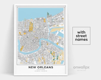 Carte des rues de la Nouvelle-Orléans, affiche de voyage en Louisiane