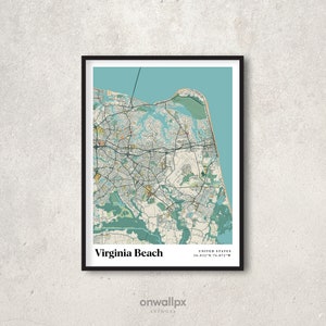 Affiche de carte de Virginia Beach, déco carte rétro de Virginia Beach, art mural cadeau vintage Virginia Beach, carte rétro de la ville de Virginia Beach