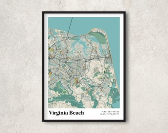 Virginia Beach Map Poster, Retro Virginia Beach Map Decor, Vintage Virginia Beach Gift Wall Art, Retro City Map of Virginia Beach Wall Decor