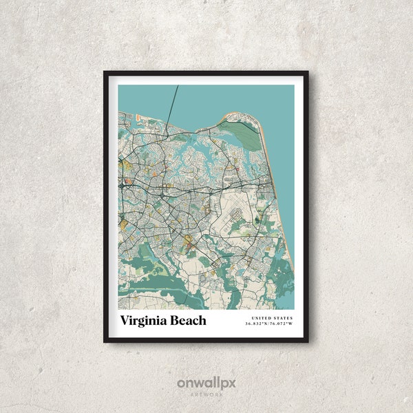 Virginia Beach Map Poster, Retro Virginia Beach Map Decor, Vintage Virginia Beach Gift Wall Art, Retro City Map of Virginia Beach Wall Decor