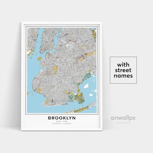 Impressão de mapa do Brooklyn, impressão de nomes de ruas do Brooklyn, mapa imprimível do Brooklyn, arte de mapa da cidade, arte de mapa do Brooklyn, Nova York, pôster de presente de viagem