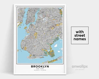 Brooklyn New York Map Print With Street Names, City Wall Art, Travel Gift Poster