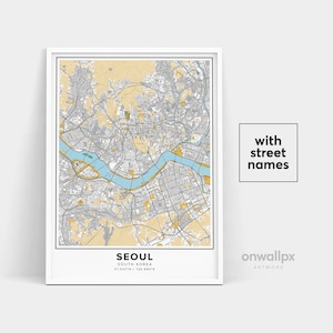 Impressão de mapa de Seul, impressão de nomes de ruas de Seul, mapa para impressão de Seul, arte do mapa da cidade, arte do mapa de Seul Coreia do Sul, pôster de presente de viagem