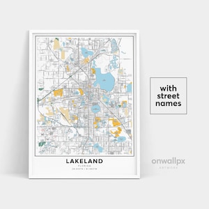 Lakeland kaart print, straatnamen Lakeland print, afdrukbare kaart van Lakeland, stadsplattegrond kunst, Lakeland Florida kaart kunst, reiscadeau poster