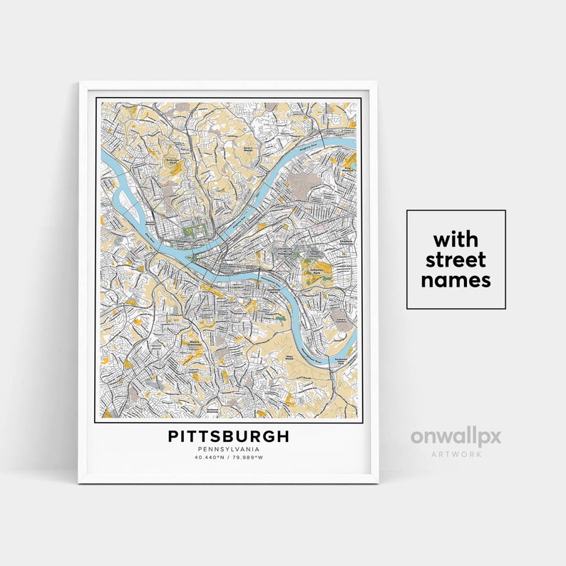 Pittsburgh Map Print Street Names Pittsburgh Print Map of Etsy