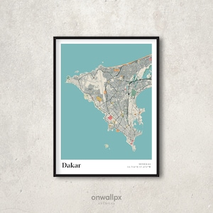 Dakar kaart poster print, retro Dakar kaart decor, vintage Dakar cadeau kaart, retro kaart van Dakar Senegal, interieur kunst aan de muur