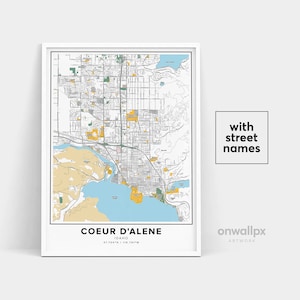 Coeur d'Alene Karte Druck, Straßennamen Coeur d'Alene Druck, Karte von Coeur d'Alene Stadt Karte Kunst, Coeur d'Alene Idaho Karte, Reise Geschenk Poster