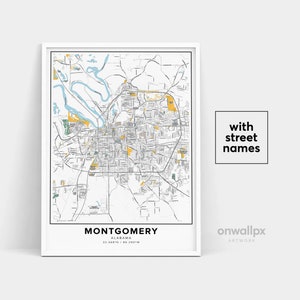 Impression de carte de Montgomery, impression de noms de rues de Montgomery, carte imprimable de Montgomery, art de carte de ville, carte de Montgomery en Alabama, affiche de cadeau de voyage