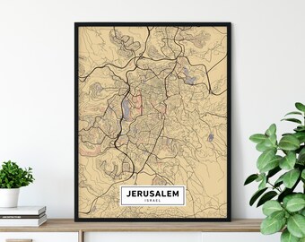 Jerusalem Map Art Print, Israel Detailed City Streets Wall Art, Travel Gift Poster