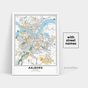 Impressão de mapa de Aalborg, impressão de nomes de ruas de Aalborg, mapa imprimível de Aalborg, arte de mapa da cidade, arte de mapa de Aalborg, Dinamarca, pôster de presente de viagem