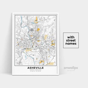 Impressão de mapa de Asheville, impressão de nomes de ruas de Asheville, mapa de Asheville, arte de mapa da cidade, arte de mapa de Asheville, Carolina do Norte, pôster de presente de viagem