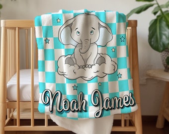 Personalized Name Boy Blue Checkered Elephant Blanket Custom Kid Name Plush Throw Blanket Gift For Baby Shower Minky Checkered Baby Blanket