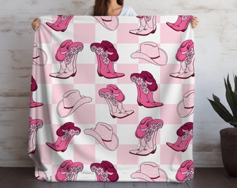 Pink Retro Checkered Cowgirl Blanket Plush Minky Blanket Western Cowgirl Boot Blanket Gift For Daughter Country Cowgirl Hat Throw for Mom