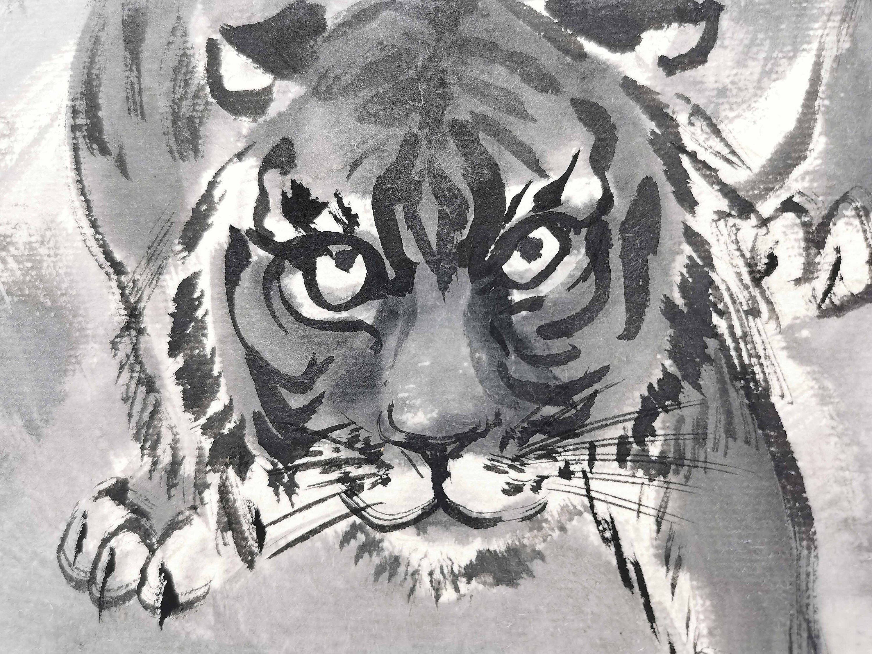 Art Mural Du Tigre Japonais, Encre Sumi-E Vintage et Peinture Au Lavis d'un