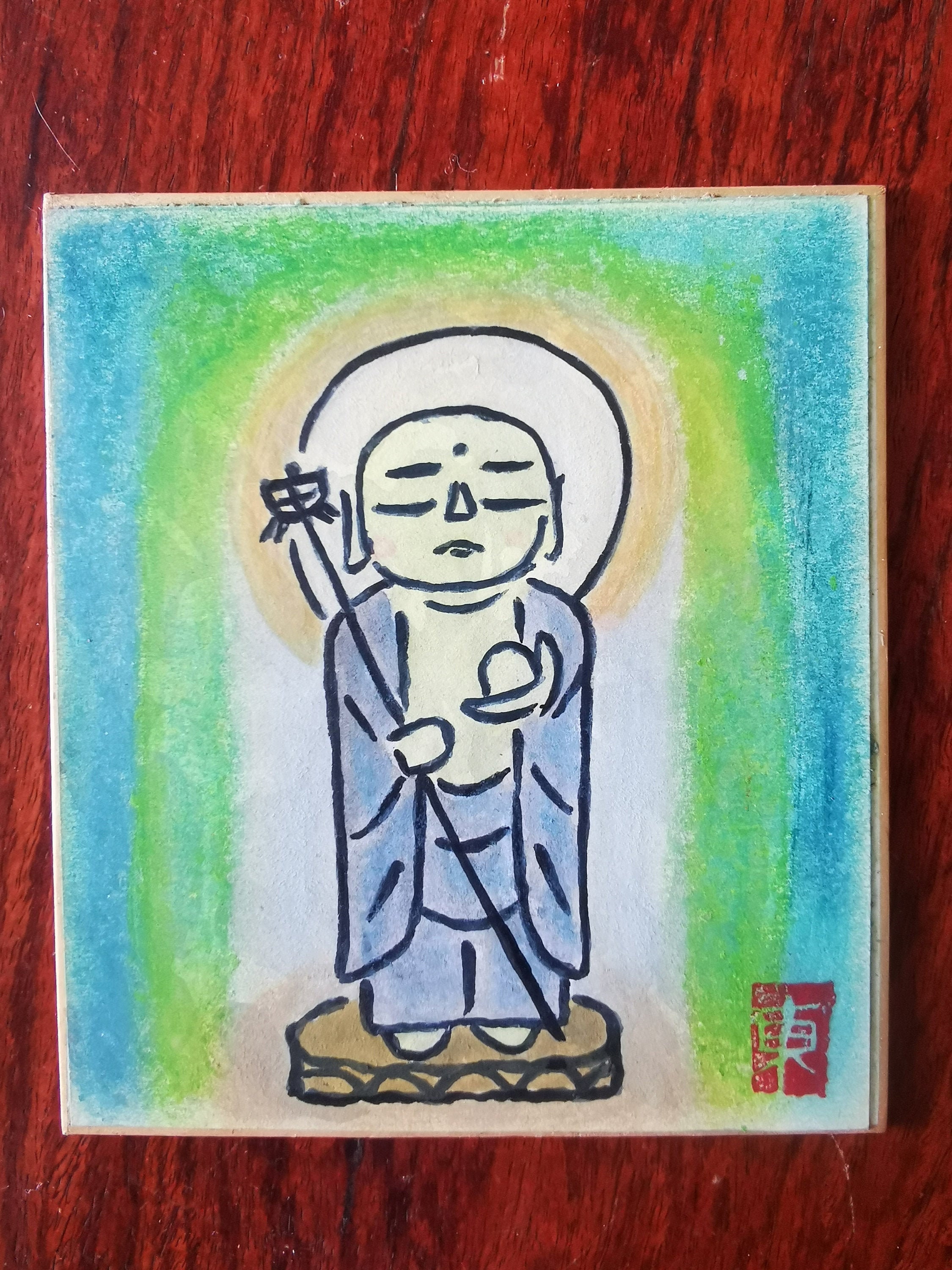 Peinture Originale Du Bouddha Japonais Jizo sur Une Planche Shikishi, Encadrée et Signée. Livraison 