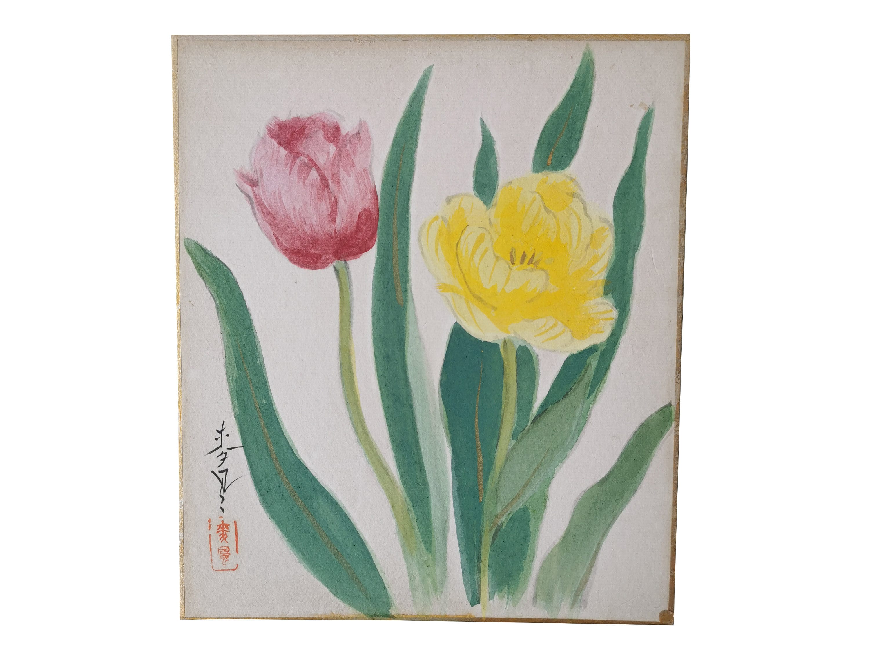 Peinture Botanique Japonaise, Tulipes sur Shikishi, Œuvre Originale de Bakufu Ohno | ????, 1888-1976