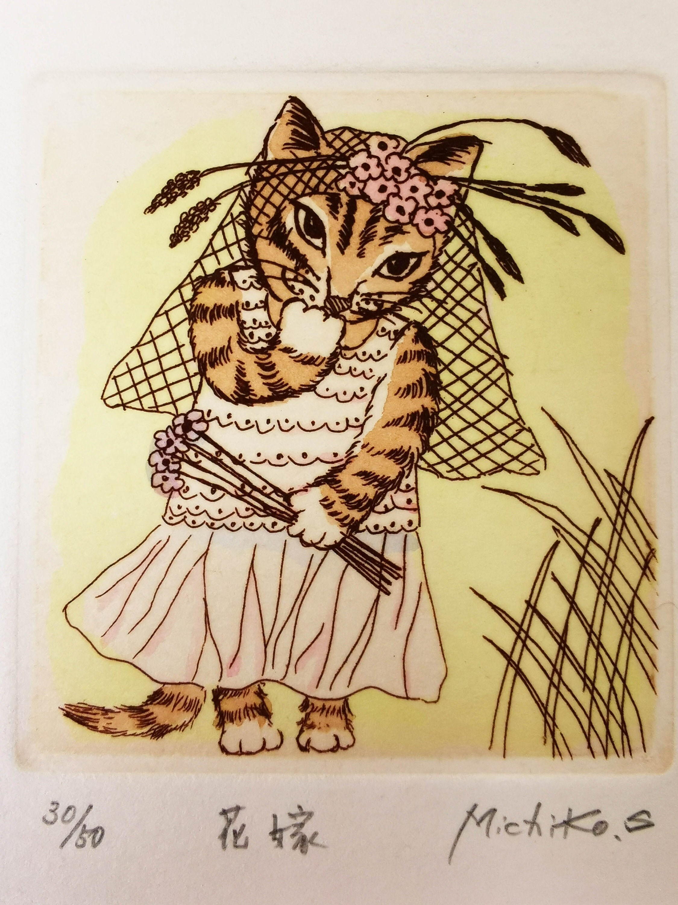 Impression de Chat Kawaii, Cadeau Mariage Chat, Impression Limitée Par Une Artiste Japonaise Michiko