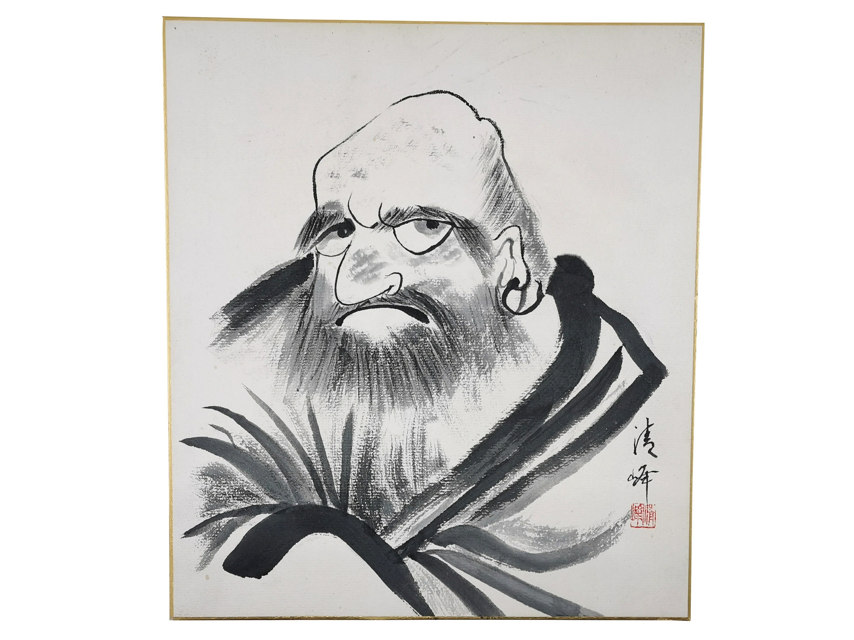 Daruma Moine Art Board, Zen Japonais Bodhidarma Sumi-E Peinture Au Pinceau Shikishi. Livraison Dhl.