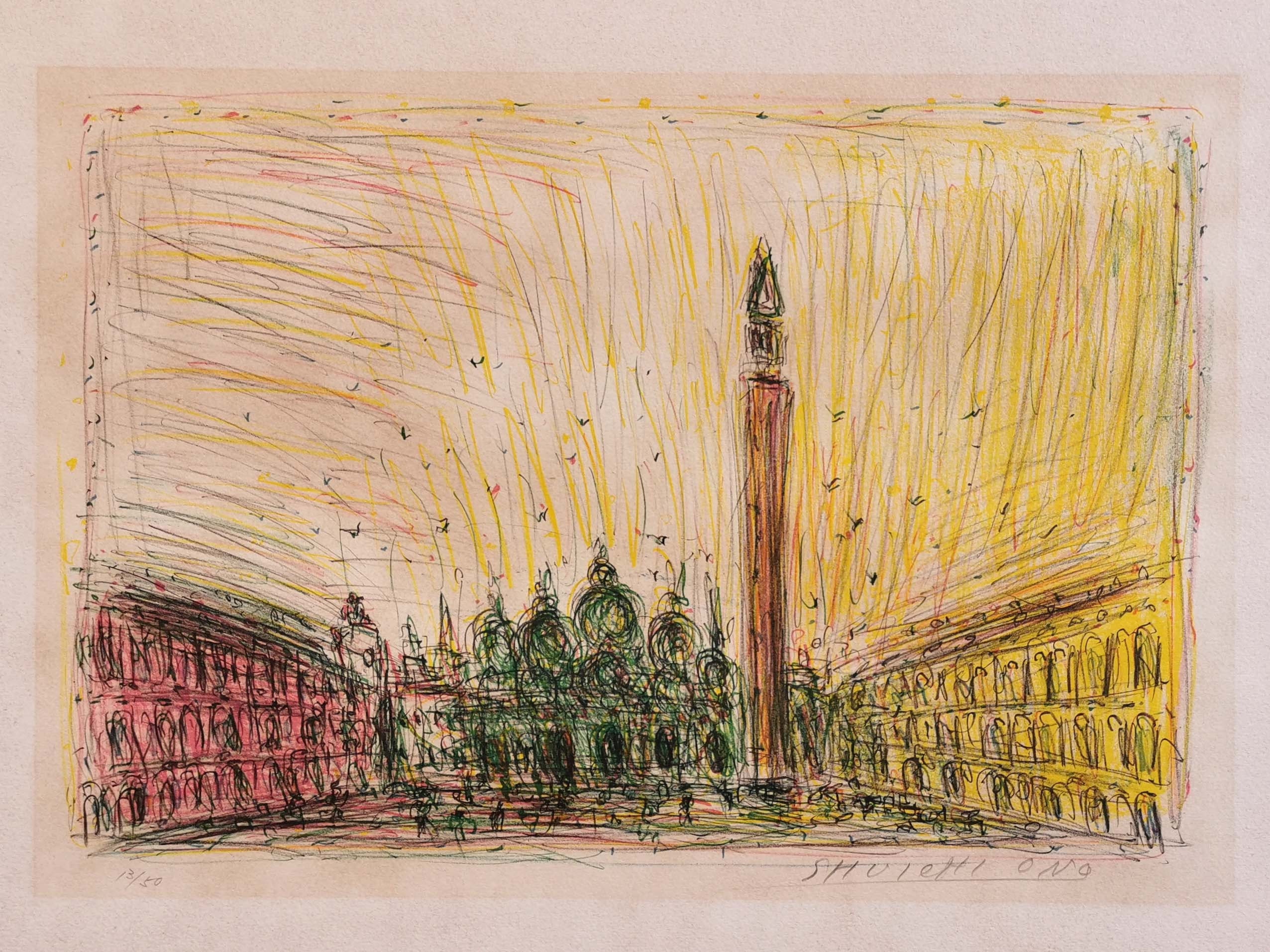 Lithographie Du Paysage Urbain Milieu Siècle, Place Saint-Marc, Grand Décor Mural Japonais. Vue de V