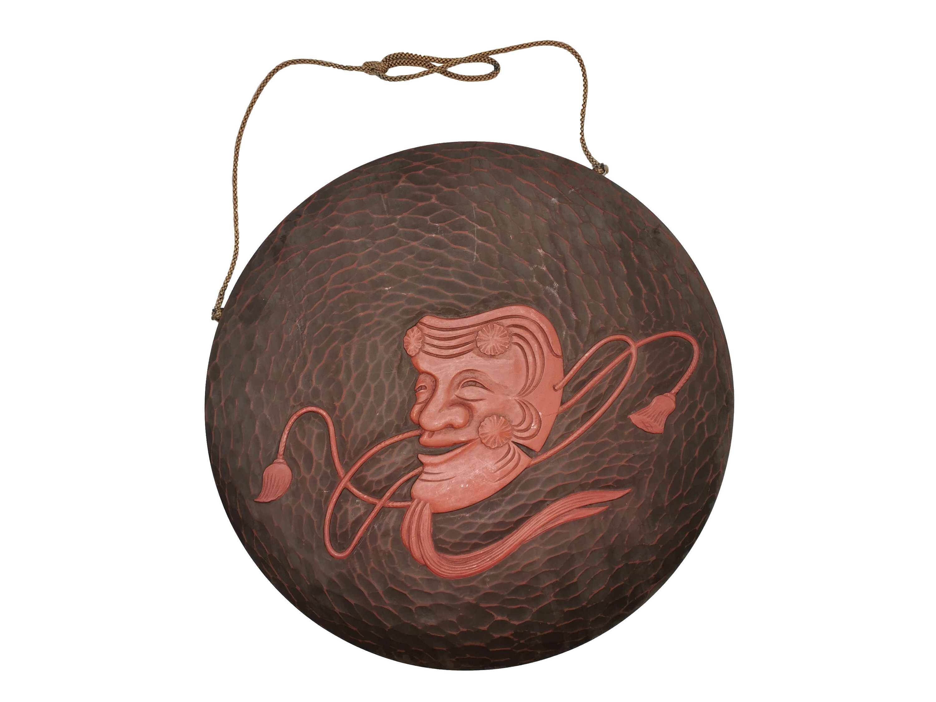 Masque Okina Noh sur Un Kazari-Zara Kamakura Bori, Grande Plaque d'affichage Japonaise Vintage Sculp