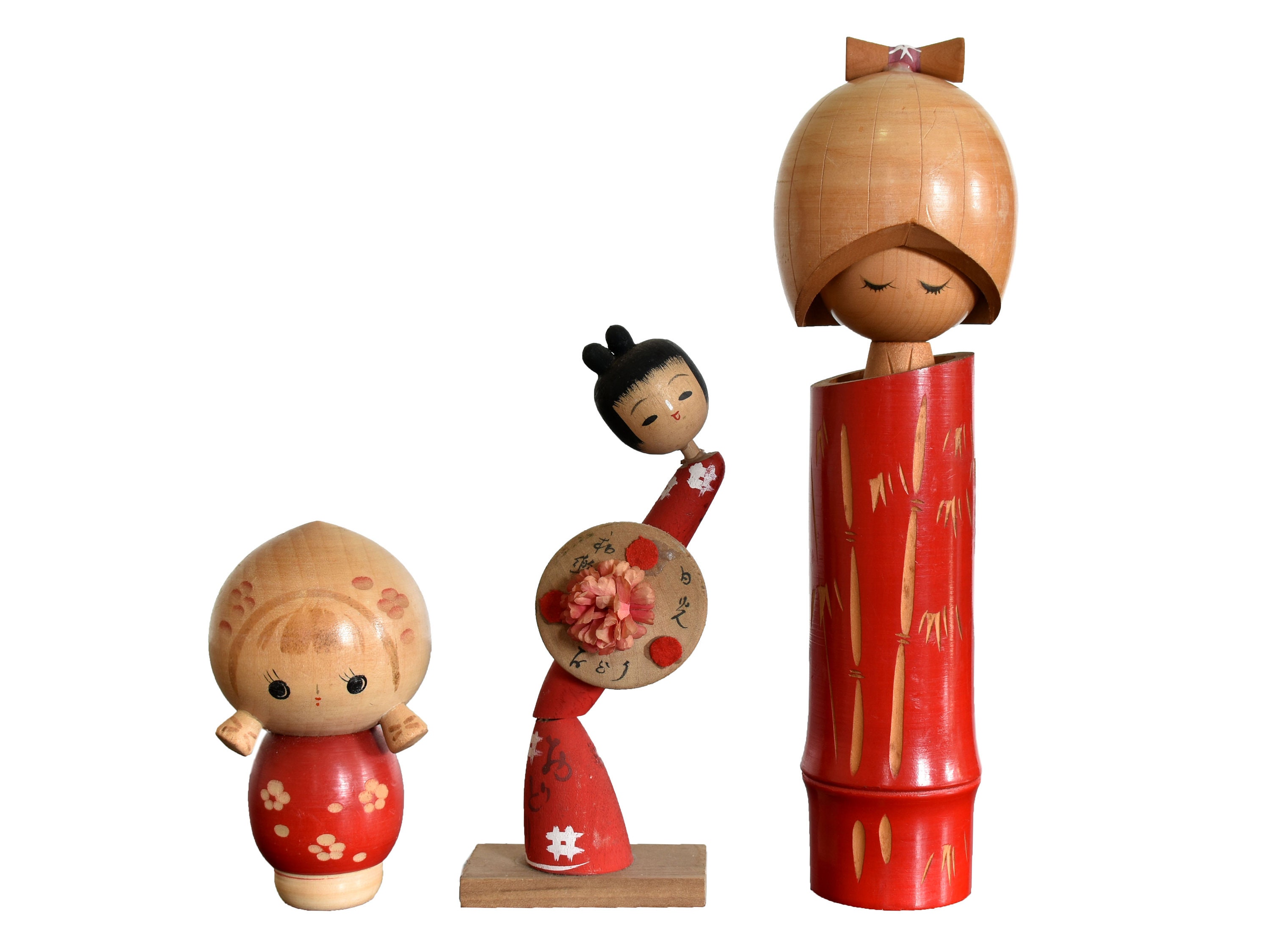 Kokeshi Rouge Vintage, Ensemble de 3 Poupées Créatives Japonaises Du Japon. L'un Par Le Maître Primé