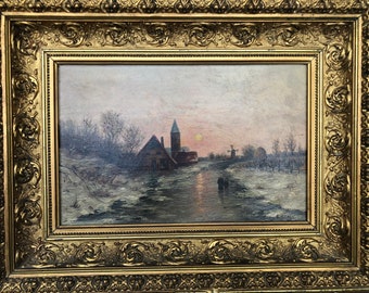 Antique german oil painting in beautiful frame/ Winter landscape