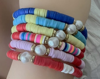 Faux Pearl Heishi Bracelet: Handmade Polymer Clay Stacking Bracelet
