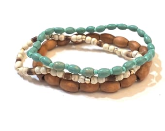 Brown, Blue, White Wooden Beads Stacking Bracelet Set| Gift for Mom Her| Stretch Bracelet| Layered Stackable Bracelets |Multistrand Boho