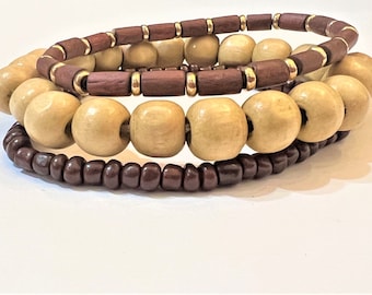 A Beaded Stacking Bracelet Set|Gift for Mom Her| Stretch Wooden Beaded Bracelet Set| Layered Bracelet| Stackable Bracelets |Multistrand Boho
