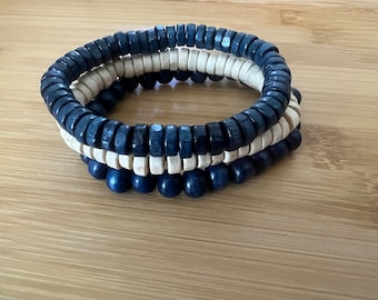 3 Pcs Elegant Natural Wooden Beaded Stretch Bracelet Set |Boho Bracelet| Unisex Wooden Beaded Bracelets| Cylindrical Beaded Bracelet Set