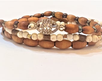 Zircon Eye Stacking Bracelet Set|Gift for Mom Her|Stretch Wooden Beaded Bracelet Set|Layered Bracelet| Stackable Bracelets |Multistrand Boho