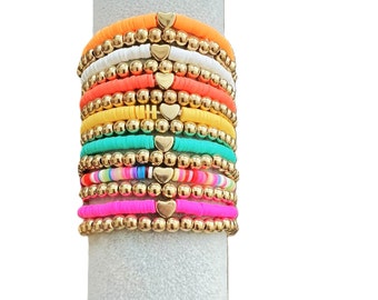 Polymer Clay Bracelet w/Heart| Handmade Pottery Love Bracelet | Heishi Stacking Bracelet |Heishi Bead Bracelet | Clay Bead Bracelet