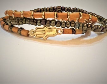 Hamsa Hand Stacking Bracelet/ Anklet Set w/3| Gift for Mom Her| Stretch Bracelet| Layered Stackable Bracelets |Multistrand Boho