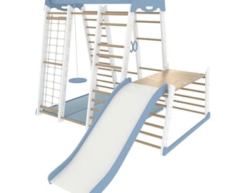 Wooden indoor playground for Kids, Home Gymnastic Indoor Gym, Climbing Frames Ladder Swing Slide and Rings
