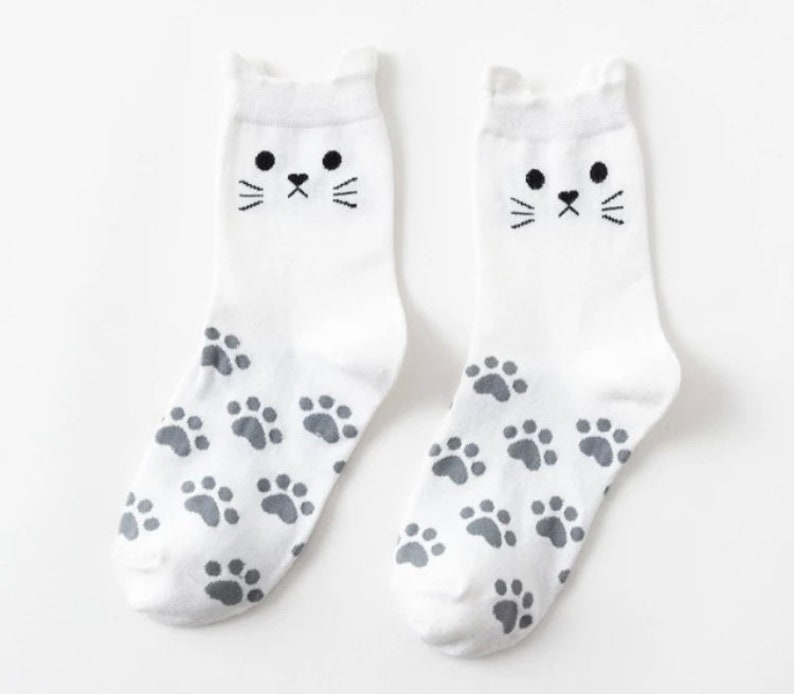 Two Pairs of Ladies Cat Socks Grey and White With Cute Cat Face