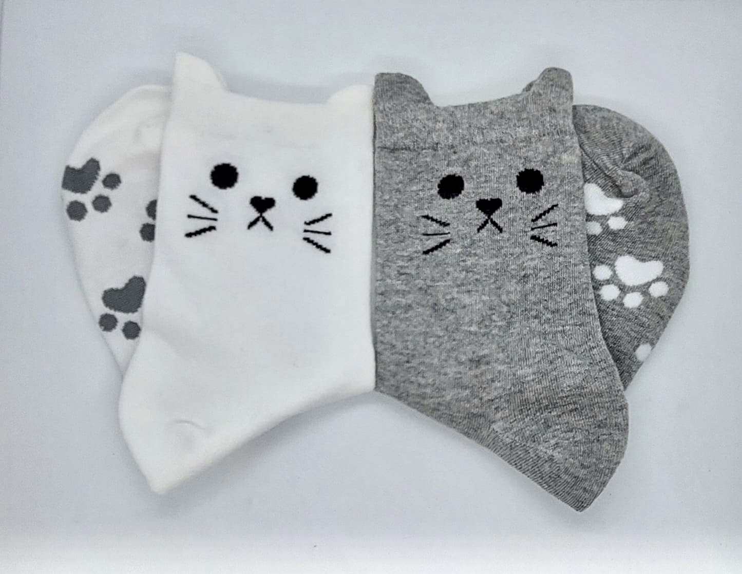 Two Pairs of Ladies Cat Socks Grey and White With Cute Cat Face