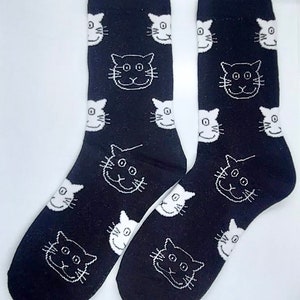 Cat Socks! Ladies Cute Kitty Socks! Black With Black and White Cat Faces. Purrrfect for Cat Lovers. Cat Gifts.