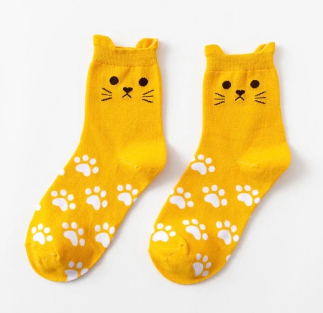 Cat Socks Ladies Cute Kitty Socks With Ears Yellow With Cat Face & Paw