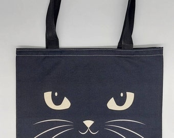 Black Cat Print Tote Bag. Black Bag With Cute Cat Face Design  Reusable Shopping Bag.