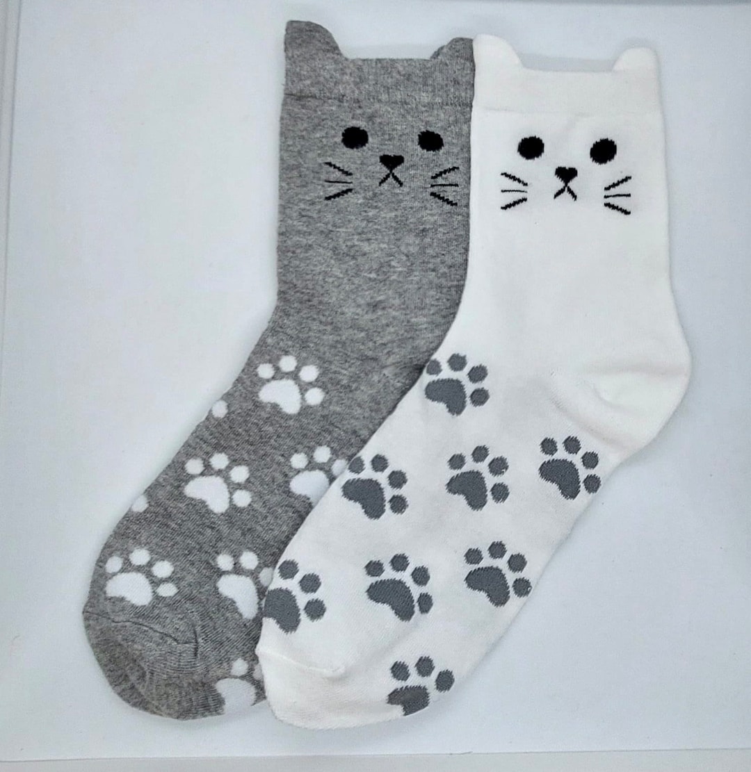 Two Pairs of Ladies Cat Socks Grey and White With Cute Cat Face
