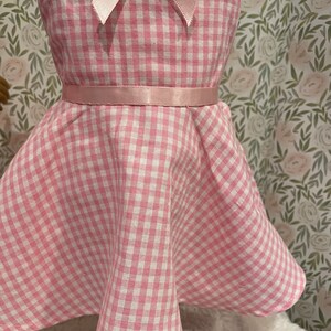 Pode incluir: Um vestido rosa e branco xadrez com um la&ccedil;o de fita rosa e um cinto de fita a condizer. O vestido &eacute; desenhado com um corpete sem al&ccedil;as e uma saia rodada. O tecido tem um padr&atilde;o xadrez cl&aacute;ssico.