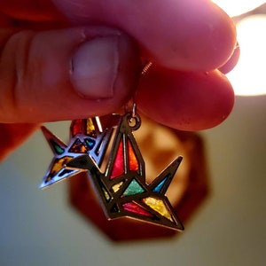 Whimsical Stained Glass-Inspired Origami Crane Earrings: Colorful Kaleidoscope Design for Boho Style