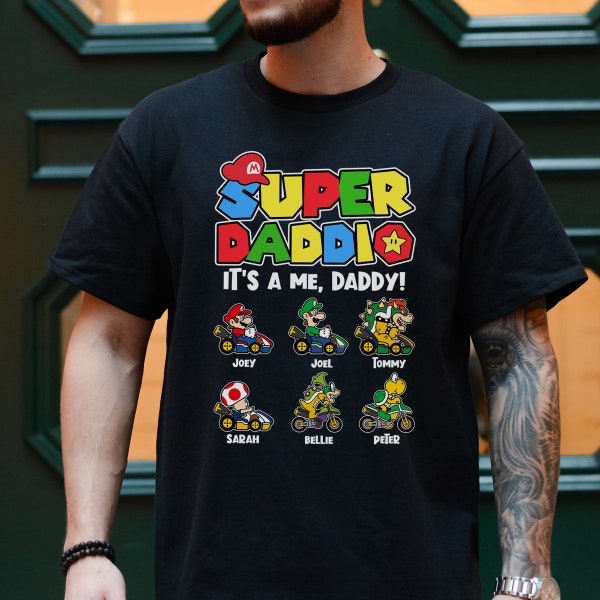 Camisa de juego personalizada de Super Daddio, camisa de papá con nombre personalizado para niños, camisa divertida de Daddio del día del padre, camisa de jugador de súper papá, regalo para papá