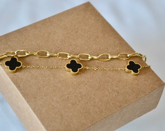 Clover Bracelet Black Enamel Four Leaf Flower Motif Bangle Gold Chain Lucky Gift 