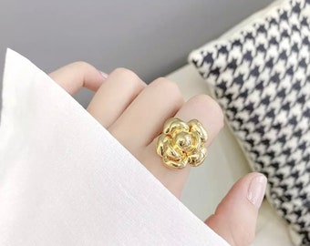 Camellia Fleur Feuilles oxydé Argent Sterling Empilable Band Ring Camellia Fleur Feuilles oxydé Argent Sterling Empilable Band Ring