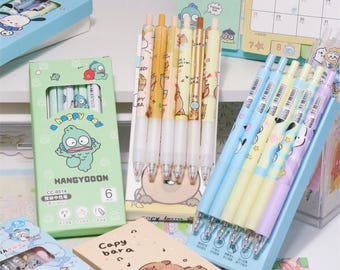 5 Series/ Cute Cartoon Quick-Dry Retractable Pens Box Set for Students and Quizzes/0.5mm/ 6 designs per set | Black/Blue Ink
