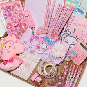 Joli et joli lapin rose avec un noeud : sac à main de papeterie/lot de motifs mystère/coffret cadeau de papeterie – Fournitures de rentrée scolaire amusantes