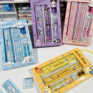Cute Stationery Set - Includes Folding Ruler, Eraser, Sharpener, Pencils and Pen Caps- Gift for Your Kids