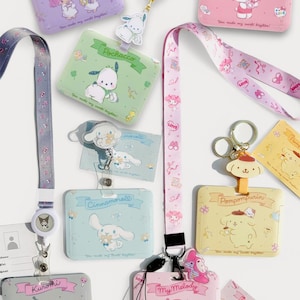 7 personnages mignons porte-cartes horizontal rétractable, lanière kawaii, adorable porte-clés, joli porte-cartes à clip